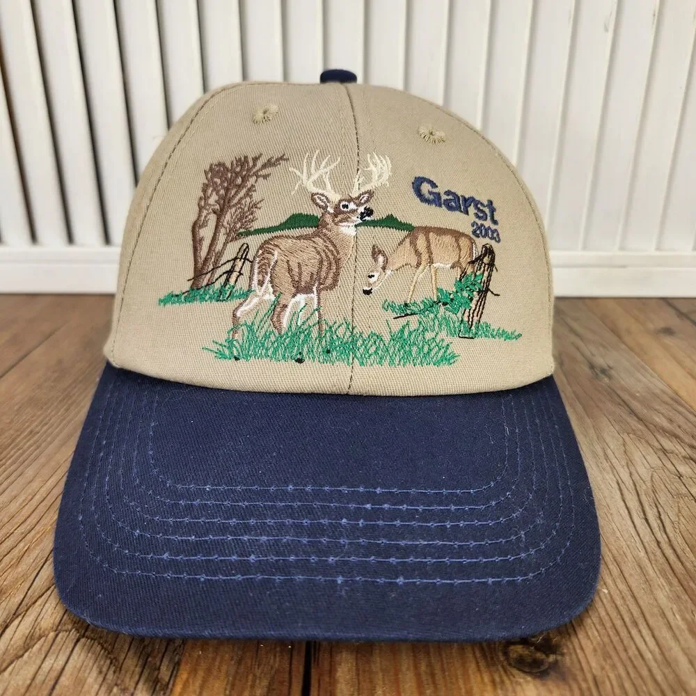 VTG Garst Seed Company 2003 Deer Meadow Snapback Hat Cap Beige Blue Farmer Buck